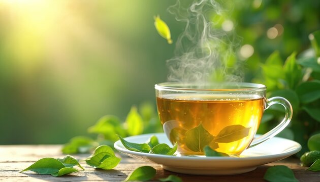 Steaming green tea cup with floating leaves. Tea is in glass transparent mug on white saucer. Green leaves are around on wooden table. Background is blurred