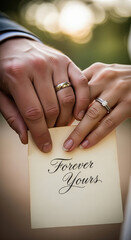 Newlyweds holding a 'Forever Yours' card with wedding rings in a romantic outdoor setting, symbolizing commitment and everlasting love.