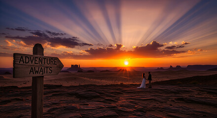 Couple holding hands watching the sunset in Monument Valley near a sign that says "Adventure Awaits" during golden hour with sun rays.