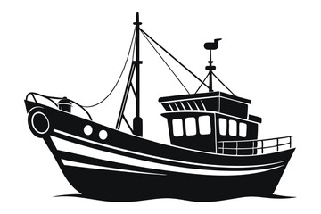 Isolated silhouette of a classic fishing trawler bobs gently upon the calm seas