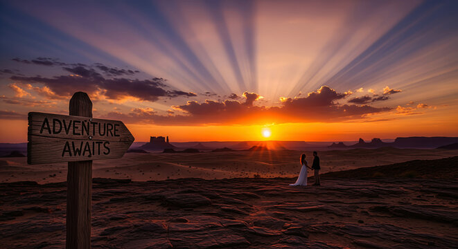Couple holding hands watching the sunset in Monument Valley near a sign that says "Adventure Awaits" during golden hour with sun rays.