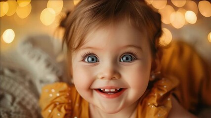 A young child gazes directly at the camera with bright blue eyes, their innocence is evident.