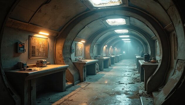 An aged interior of an abandoned spaceship laboratory. Dilapidated walls with workspaces and equipment. The dim environment is lit by artificial lighting. Sci-fi concept of an empty space station. - Powered by Adobe