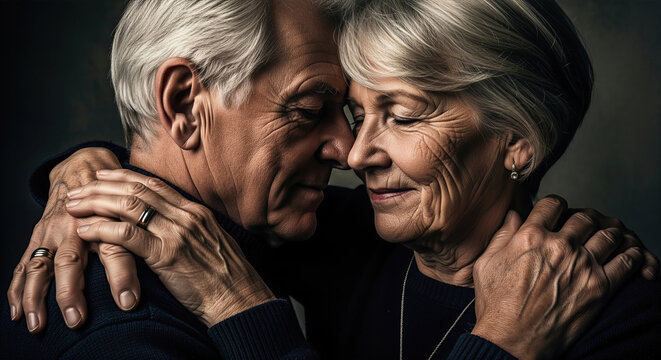 Intimate close-up portrait of a loving senior couple embracing with foreheads touching against a dark background with dramatic cinematic lighting.