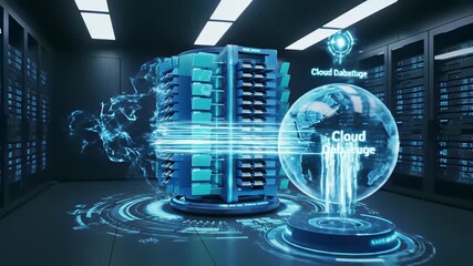 Data Center Scene Featuring Rows of Servers, Humming Equipment, and Holographic Display Screens, Perfect for Visualizing Digital Trends or Futuristic Concepts in Marketing Campaigns.