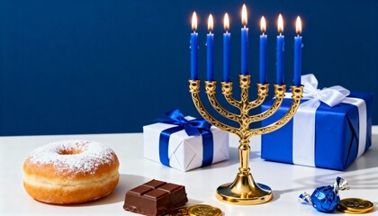 A golden Hanukkah menorah, surrounded by blue and white wrapped gifts, chocolate coins, sufganiyot, and festive treats, creating a warm scene of celebration honoring Jewish Christmas traditions.
