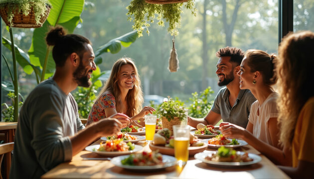 Friends enjoy meal together at a table inside a restaurant with plants. People laugh and talk while eating food and drinking beverages. Casual gathering with good food and drinks.