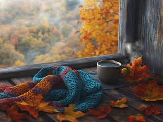 It's autumn. See the leaves fall, a hot coffee, and a cozy scarf on a wood table. Relaxing Sunday vibes.
