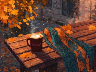 It's autumn. See the leaves fall, a hot coffee, and a cozy scarf on a wood table. Relaxing Sunday vibes.
