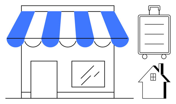 Storefront with blue awning, suitcase with handle, and simple house outline. Ideal for retail, travel, e-commerce, housing, relocation global business and entrepreneurship themes. Simple flat