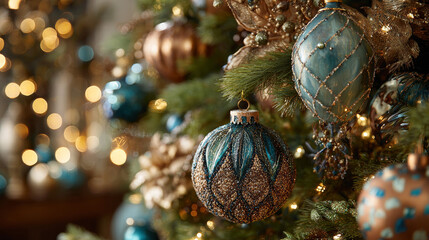 The Christmas tree is decorated with shimmering gold, teal, and bronze ornaments, set among rich green branches and sparkling lights that evoke a warm holiday ambiance.
