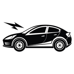 Modern black car silhouette faces a lightning bolt in a sideview automotive representation