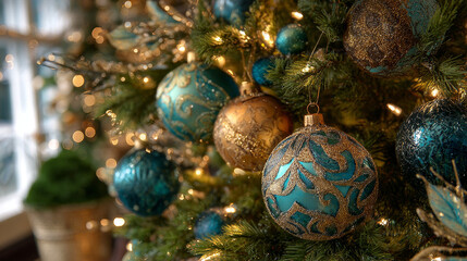 The Christmas tree is decorated with shimmering gold, teal, and bronze ornaments, set among rich green branches and sparkling lights that evoke a warm holiday ambiance.
