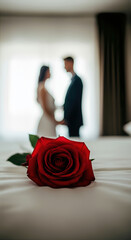 Close-up of a red rose lying on a bed with a blurred couple in the background, creating a romantic and intimate atmosphere with soft, diffused lighting.