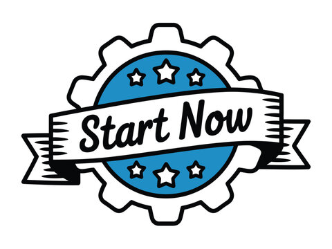 Illustration of a gear with a blue circle and stars and a banner reading start now