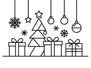 A simple line drawing depicts a Christmas tree, gifts, snowflakes, and ornaments.
