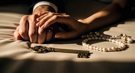 Close-up of a bride holding her groom's hand with a key and pearl necklace on a white surface, symbolizing love, commitment, and the beginning of a new chapter.