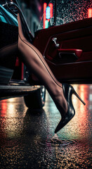 Woman in stockings exiting a classic car on a rainy night, heel splashing in a puddle, cinematic lighting and shallow depth of field create a noir mood.