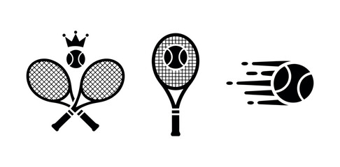 Three tennis icons showing racquets, a ball with a crown, and a ball in motion.