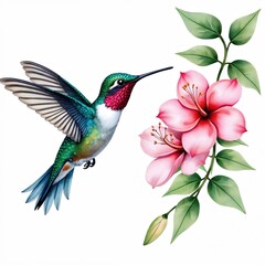 Vibrant hummingbird hovers near pink hibiscus flowers, green leaves. Watercolor illustration shows small tropical bird with iridescent feathers in flight, ready to sip nectar from blossom. Intricate