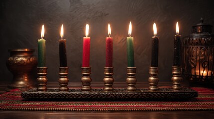 Kwanzaa celebration with lit kinara candles in traditional setting,Kwanzaa,