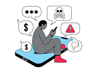 Person receives social media notifications including money, password, danger, and warning symbols on a phone.