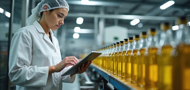 Female worker in lab coat uses digital tablet. Woman monitors production line with oil bottles on conveyor. Modern tech in food industry helps control quality. - Powered by Adobe