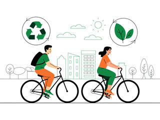 Two people ride bicycles in a city, with symbols for recycling and nature overhead.