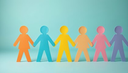 Colorful paper human figures holding hands. Team of people united together. Concept of community support, teamwork. Diversity inclusion representation. World population day international friendship