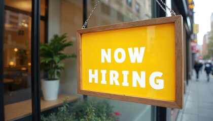 Bright yellow Now Hiring sign prominently hangs inside local retail shop window. Clear message announces immediate job openings, available employment opportunities, new career positions for growing