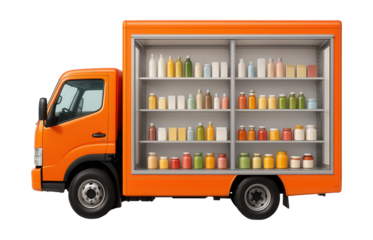 Box truck featuring clear side panels and shelving for product display.
