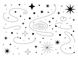 A whimsical illustration of stars dots and swirling lines on a white background