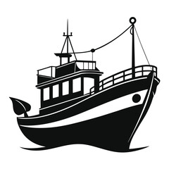 Monochrome fishing vessel art shows nautical theme using simplified lines and bold shapes