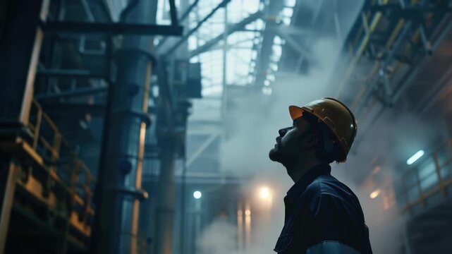 A man wearing a hard hat and work gear standing in an industrial environment with machinery.