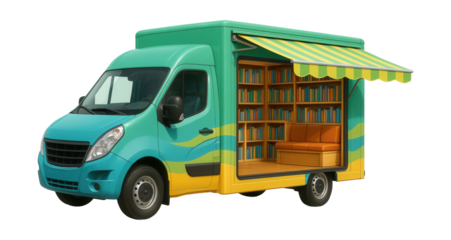Colorful mobile library truck with retractable awning for outdoor reading.