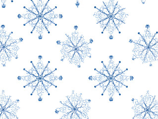 Seamless pattern of blue snowflakes on white background, good for wrap paper, textile, background 