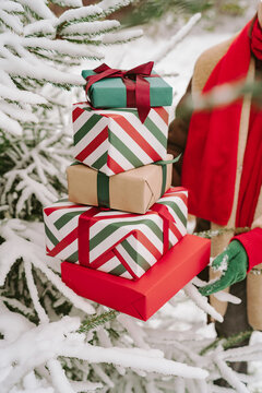 Close-up of a woman in a warm coat and gloves standing by snow covered Christmas fir trees holding a stack of wrapped Christmas gifts