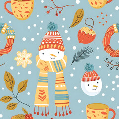 Christmas seamless pattern with snowman blue background