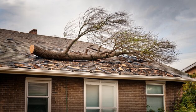 fallen tree branch on a house roof after a storm causing damage and creating a hazardous situation with debris scattered around