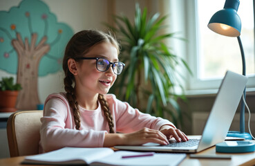 Young girl with glasses studies at home on laptop, writes in notebook. Child attends virtual class, doing homework for school. Kid uses computer for online education.