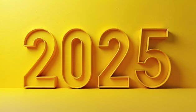 Bold yellow numbers 2025 in minimalistic design style on a matching yellow backdrop. Perfect concept for new year holidays. Suitable for calendar or a greeting card template design.