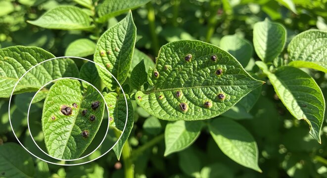 Potato plant leaves infected with early blight disease leaf fungus Alternaria solani infection agriculture crop farming garden