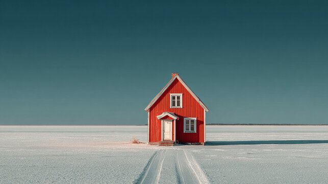 Vibrant red house stands alone in a vast, snow covered landscape under a clear sky