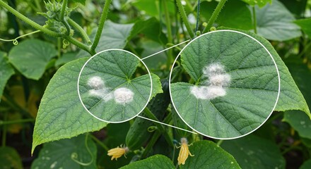 Powdery mildew on a cucumber leaf plant disease fungal fungus garden gardening agriculture horticulture crop illness infection pathogen