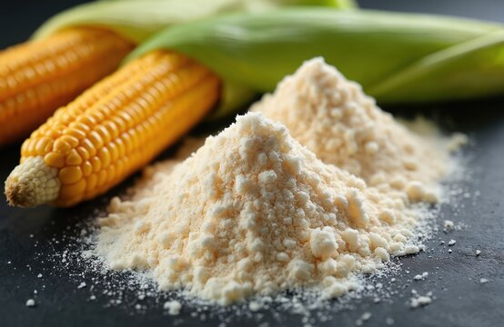 Close up photo shows corn starch piles. Fresh corncobs with green leaves next to flour. Natural food ingredient on dark background in studio shot.