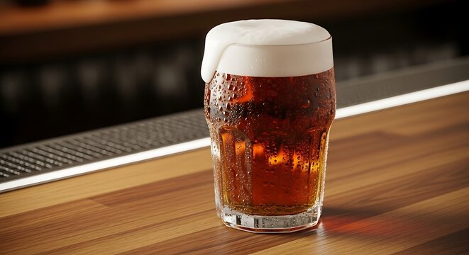 Still life Copo de Cerveja (beer glass) with condensation and foam. Bar wood background.