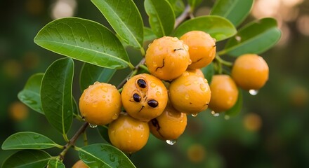Still life Guavira Fruit on a branch with leaves. Focus on fresh delicate fruit.
