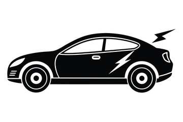 Side view of an electric car has lightning and wheels in solid black
