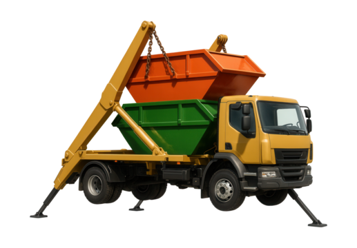 Multi-lift skip loader with swapable bins and stabilizing supports.