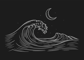 Monochrome Line Art of Sea Wave Crescent Moon Night Sky Illustration